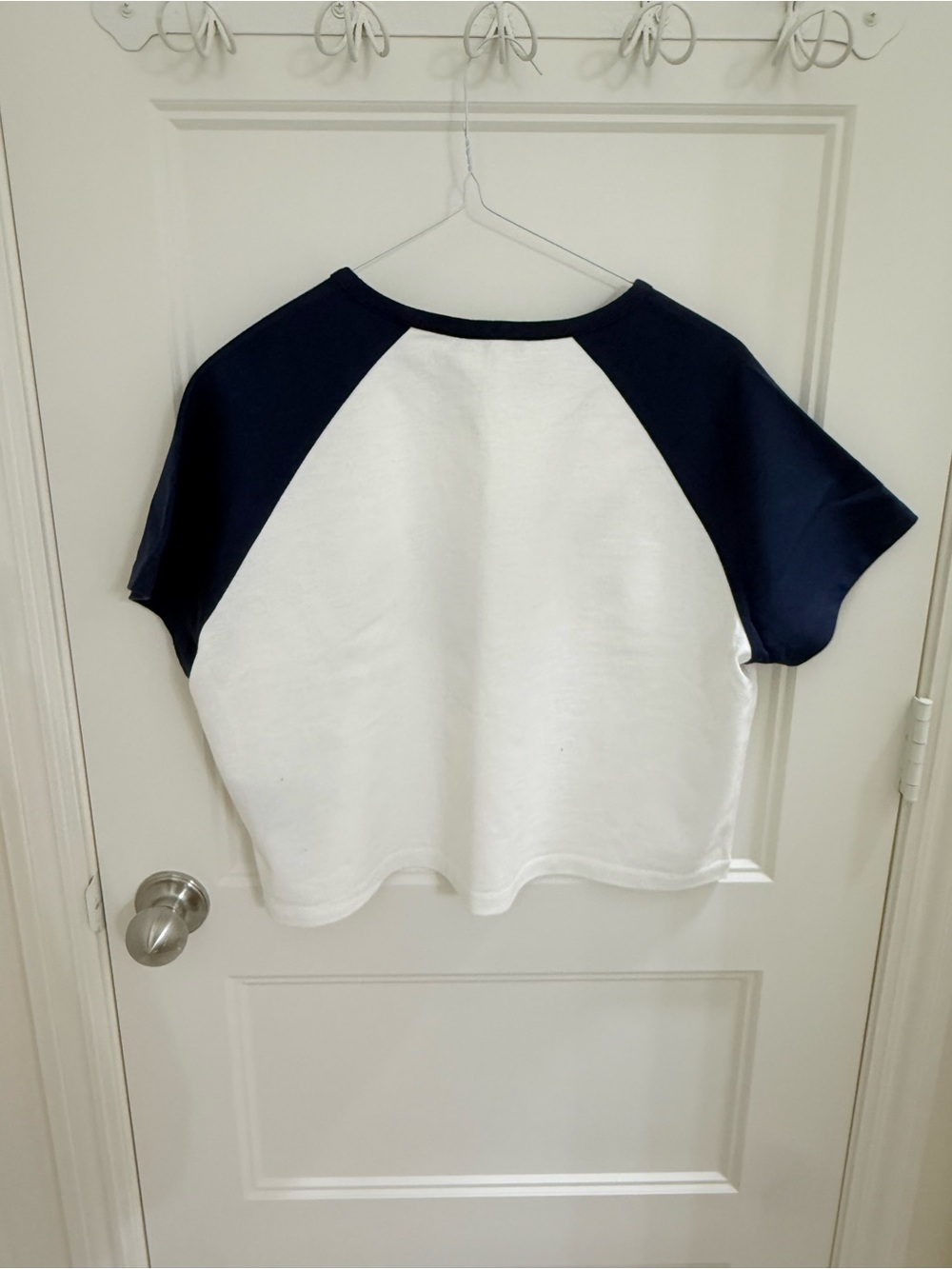 Balmain White and Navy Cropped Raglan Logo Tee - Picture 7 of 8